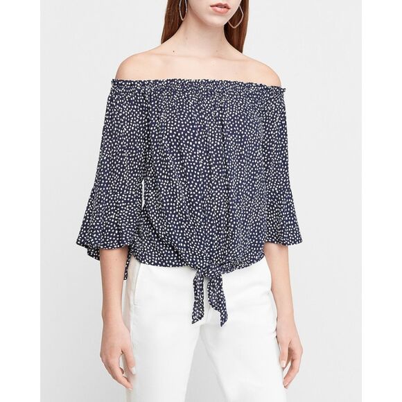 Express Tops - Express Dotted Tie Front Off Shoulder Dark Blue Blouse Polka Dot Top Size M